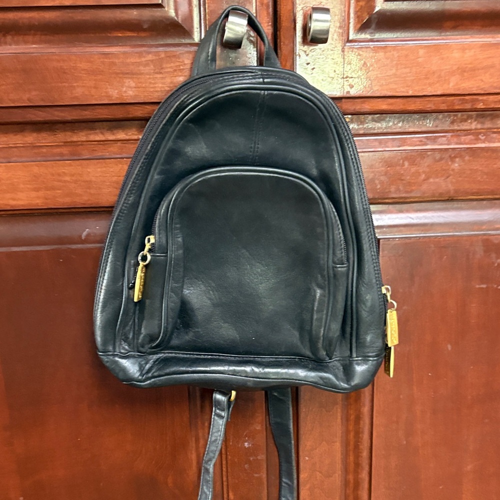 Tignanello Black Leather Backpack with Gold Accents